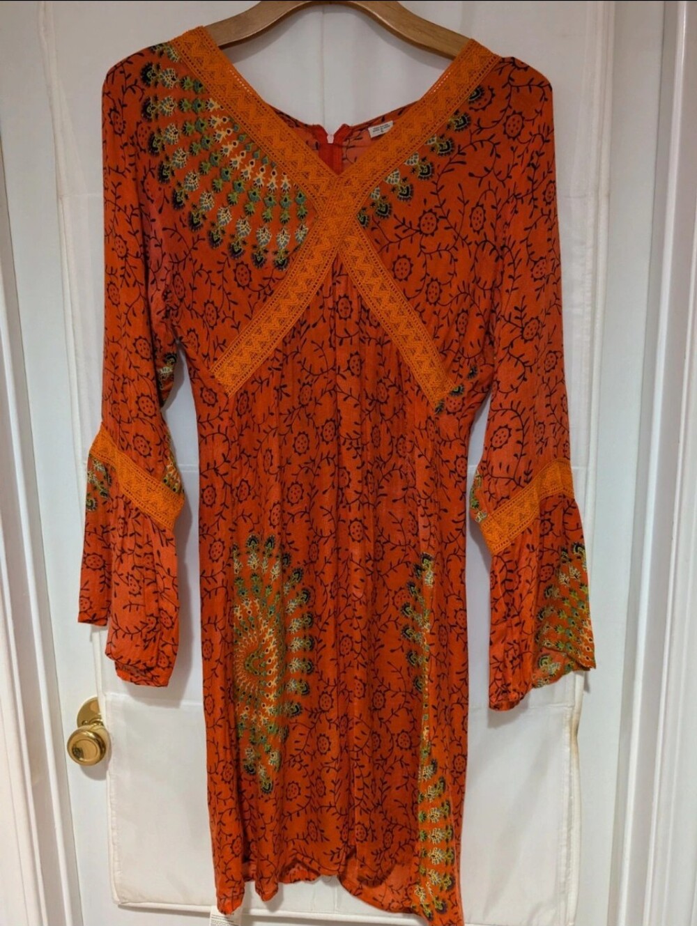 Orange Boho Bell Sleeve Mini Dress - Embroidered Festival Style S